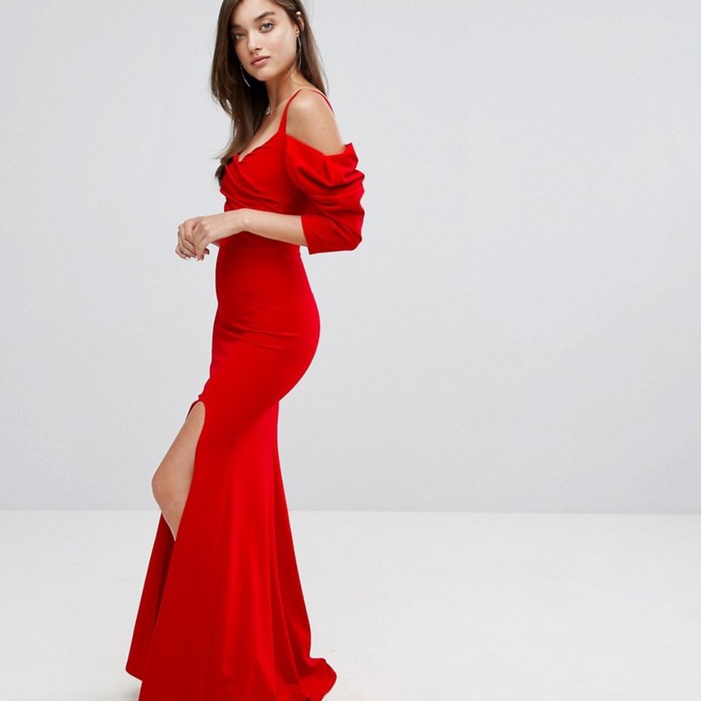 Gorgeous Red Fishtail Maxi Dress With Off Shoulder